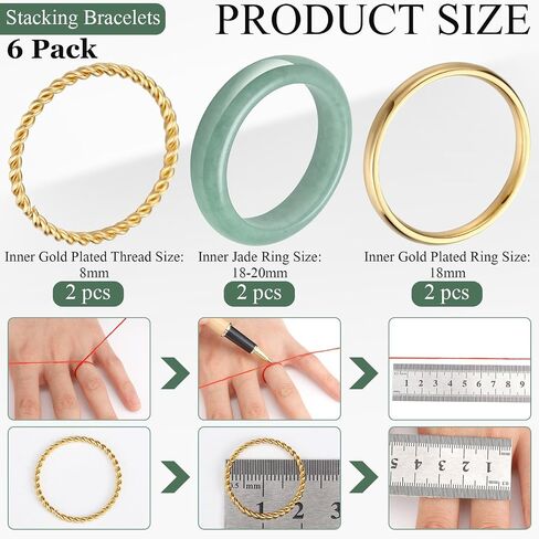Tondiamo 6 Pcs Jade Stackable Rings with Gold Plated Stainless Steel Rings Set for Women Nature Jadeite Genuine Aventurine Good Luck Healing Gemstone Jewelry Gifts for Women, Size 5-11 in Saudi Arabia