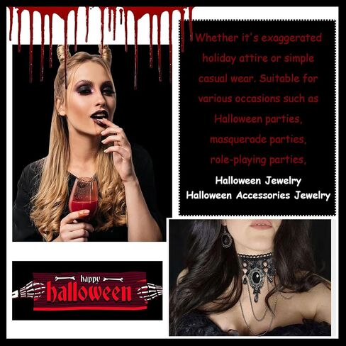 HUASAI Vampire Costume Witch Costume Women Goth Accessories Gothic Black Choker Necklace Bracelet Halloween Accessories for Woman in Saudi Arabia