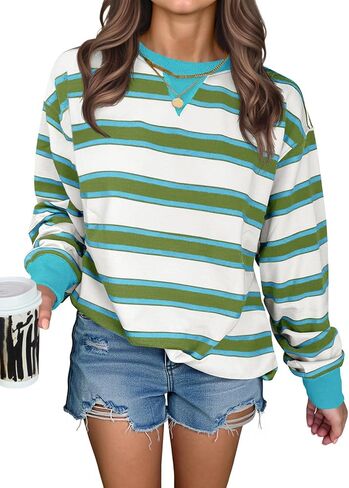 Fisoew Womens Striped Oversized Sweatshirt Casual Crewneck Long Sleeve Shirts Fall Loose Pullover Tops in Saudi Arabia
