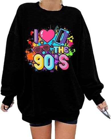 سويت شيرت نسائي كبير الحجم 90s قميص الزي 90s أنا أحب 90S تي شيرت للفتيات حفلة عيد ميلاد بأكمام طويلة in Saudi Arabia