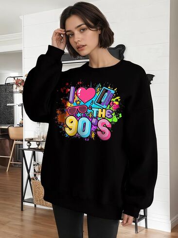 سويت شيرت نسائي كبير الحجم 90s قميص الزي 90s أنا أحب 90S تي شيرت للفتيات حفلة عيد ميلاد بأكمام طويلة in Saudi Arabia