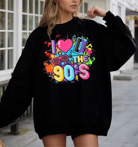 سويت شيرت نسائي كبير الحجم 90s قميص الزي 90s أنا أحب 90S تي شيرت للفتيات حفلة عيد ميلاد بأكمام طويلة in Saudi Arabia