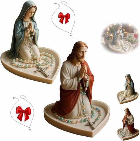 Virgin Mary Jesus Rosary Holder Sacred Catholic Sculpture 4.7 Inch Religious Blessed Statue Our Lady of Grace Statue Tabletop Rosar y Jewelry Box Rosary Catholic Holder Gift for Women Home (A+B) in Saudi Arabia