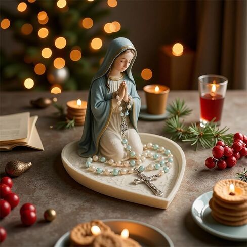 Virgin Mary Jesus Rosary Holder Sacred Catholic Sculpture 4.7 Inch Religious Blessed Statue Our Lady of Grace Statue Tabletop Rosar y Jewelry Box Rosary Catholic Holder Gift for Women Home (A+B) in Saudi Arabia