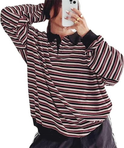 Women Striped Rugby Polo Shirt Lapel Collar Vintage Oversize Long Sleeve Pullover Y2k Tee Casual Sweatshirt in Saudi Arabia