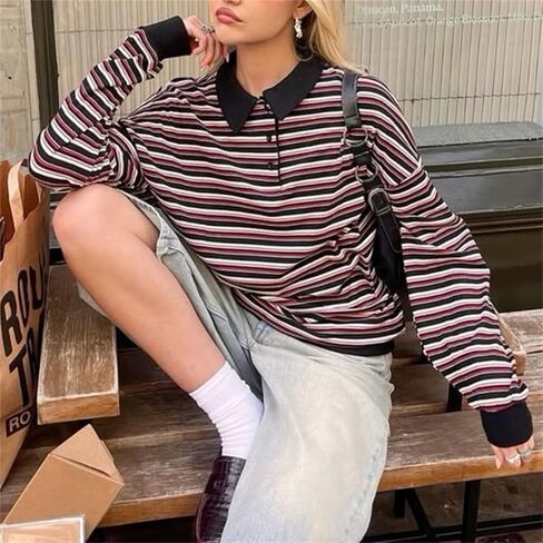 Women Striped Rugby Polo Shirt Lapel Collar Vintage Oversize Long Sleeve Pullover Y2k Tee Casual Sweatshirt in Saudi Arabia
