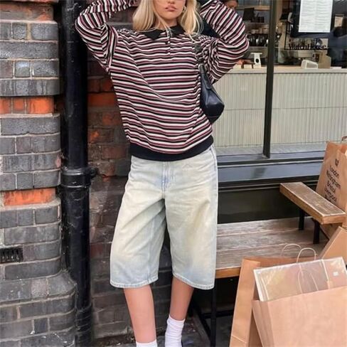 Women Striped Rugby Polo Shirt Lapel Collar Vintage Oversize Long Sleeve Pullover Y2k Tee Casual Sweatshirt in Saudi Arabia