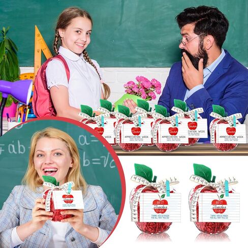 6 مجموعة من هدايا تقدير معلمي العودة إلى المدرسة من Chunful مقاس 6.1 × 4.3 بوصة حاوية تفاح بلاستيكية كبيرة مع بطاقات وشريط مسطرة ومشابك الرافية لديكورات حفلات المدرسة في الفصل الدراسي (شفاف) in Kuwait