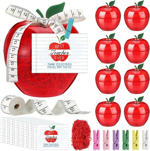 Chunful 6 Set Back to School Teacher Appreciation Gifts 6.1 x 4.3 Inch Large Plastic Apple Container with Cards Ruler Ribbon Clips Raffia for Classroom School Party Decorations (Clear) in Saudi Arabia
