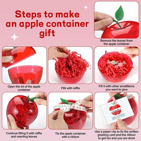 Chunful 6 Set Back to School Teacher Appreciation Gifts 6.1 x 4.3 Inch Large Plastic Apple Container with Cards Ruler Ribbon Clips Raffia for Classroom School Party Decorations (Clear) in Saudi Arabia