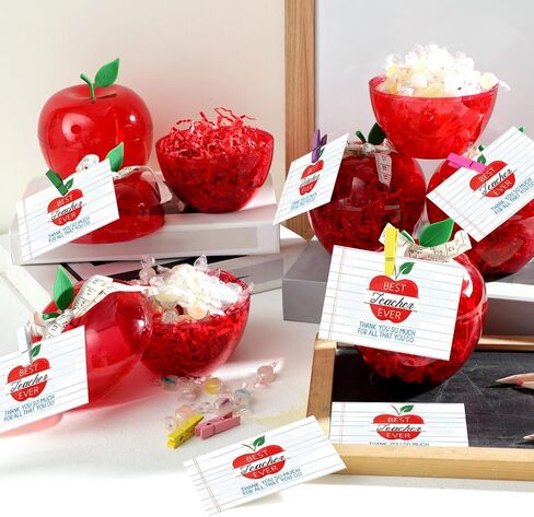 Chunful 6 Set Back to School Teacher Appreciation Gifts 6.1 x 4.3 Inch Large Plastic Apple Container with Cards Ruler Ribbon Clips Raffia for Classroom School Party Decorations (Clear) in Saudi Arabia