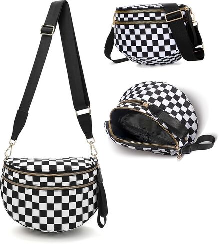 Checkered Black Crossbody Bags for Women Spacious Nylon Hobo Bum Bag Everyday Purse Fanny Packs Trendy Cross Body Bag for Woman Travel (Black and White Checkered) in Saudi Arabia