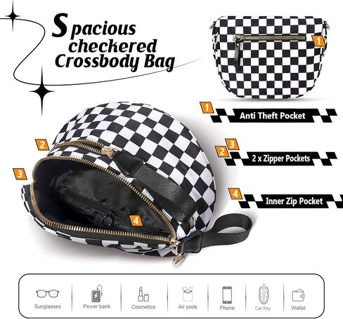 Checkered Black Crossbody Bags for Women Spacious Nylon Hobo Bum Bag Everyday Purse Fanny Packs Trendy Cross Body Bag for Woman Travel (Black and White Checkered) in Saudi Arabia