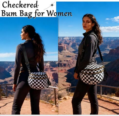 حقائب كروس سوداء مربعة للنساء حقيبة واسعة من النايلون هوبو بوم حقيبة يومية محفظة فاني حقيبة كروس عصرية للسفر للنساء (مربعات باللونين الأسود والأبيض) in Kuwait