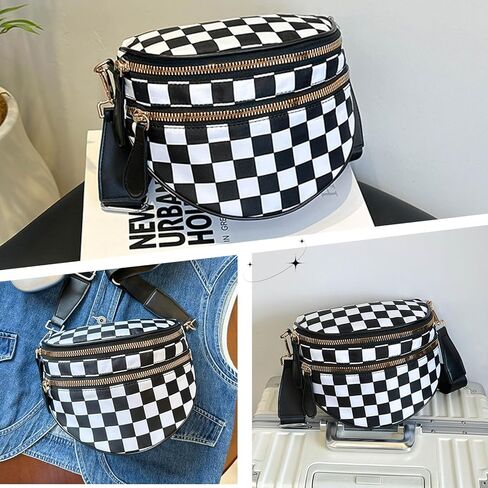 حقائب كروس سوداء مربعة للنساء حقيبة واسعة من النايلون هوبو بوم حقيبة يومية محفظة فاني حقيبة كروس عصرية للسفر للنساء (مربعات باللونين الأسود والأبيض) in Kuwait