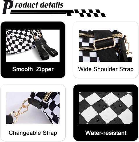 حقائب كروس سوداء مربعة للنساء حقيبة واسعة من النايلون هوبو بوم حقيبة يومية محفظة فاني حقيبة كروس عصرية للسفر للنساء (مربعات باللونين الأسود والأبيض) in Kuwait