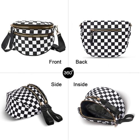حقائب كروس سوداء مربعة للنساء حقيبة واسعة من النايلون هوبو بوم حقيبة يومية محفظة فاني حقيبة كروس عصرية للسفر للنساء (مربعات باللونين الأسود والأبيض) in Kuwait