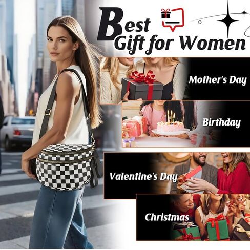 حقائب كروس سوداء مربعة للنساء حقيبة واسعة من النايلون هوبو بوم حقيبة يومية محفظة فاني حقيبة كروس عصرية للسفر للنساء (مربعات باللونين الأسود والأبيض) in Kuwait