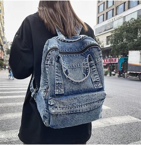Vintage Denim Backpack Casual Style Daypack Shoulder Bag Rucksack Classic Jeans Backpacks Lightweight Handbag Purse (Blue) in Saudi Arabia