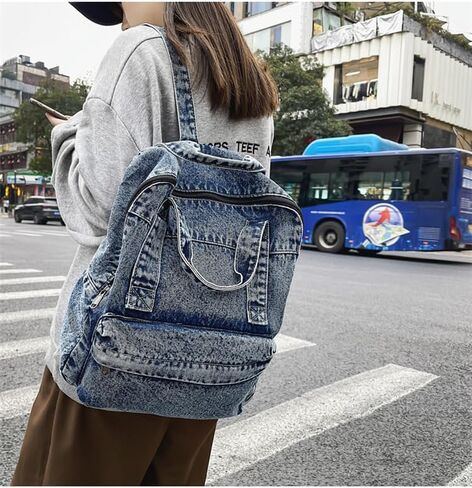 Vintage Denim Backpack Casual Style Daypack Shoulder Bag Rucksack Classic Jeans Backpacks Lightweight Handbag Purse (Blue) in Saudi Arabia