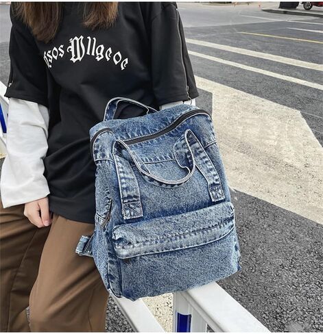 Vintage Denim Backpack Casual Style Daypack Shoulder Bag Rucksack Classic Jeans Backpacks Lightweight Handbag Purse (Blue) in Saudi Arabia