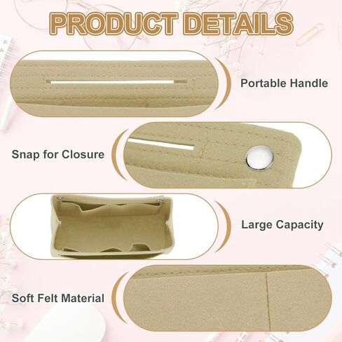uxcell Purse Organizer Insert, Portable Felt Organizer Bags with Snap Multiple Compartments Purse Liner for Domed Satchel, Tote Bag, Handbag Shaper (6.7" x 3.9" x 5.9", Beige) in Saudi Arabia
