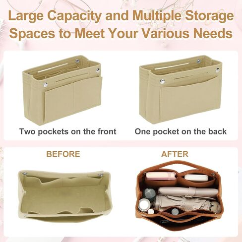 uxcell Purse Organizer Insert, Portable Felt Organizer Bags with Snap Multiple Compartments Purse Liner for Domed Satchel, Tote Bag, Handbag Shaper (6.7" x 3.9" x 5.9", Beige) in Saudi Arabia