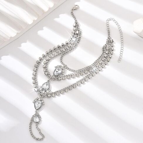 Kokoma Crystal Layered Foot Chain Anklet Barefoot Sandals for Women Cubic Zirconia Bohemian Anklet with Toe Ring Beach Wedding Foot Jewelry in Saudi Arabia