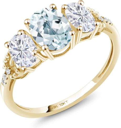 Gem Stone King 10K Yellow Gold Sky Blue Aquamarine White Moissanite and Diamond Accent 3-Stone Women Engagement Ring (1.77 Cttw, Available In Size 5, 6, 7, 8, 9) in Saudi Arabia