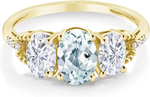 Gem Stone King 10K Yellow Gold Sky Blue Aquamarine White Moissanite and Diamond Accent 3-Stone Women Engagement Ring (1.77 Cttw, Available In Size 5, 6, 7, 8, 9) in Saudi Arabia