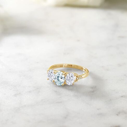 Gem Stone King 10K Yellow Gold Sky Blue Aquamarine White Moissanite and Diamond Accent 3-Stone Women Engagement Ring (1.77 Cttw, Available In Size 5, 6, 7, 8, 9) in Saudi Arabia