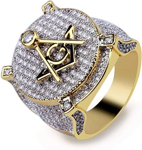14K Gold over S925 Sterling Silver Densely Set Moissanite Ring, Freemasonry Hip-Hop Style Men's Ring, A Mystical Gift for Urban Enthusiasts, Best Gift From Son in Saudi Arabia