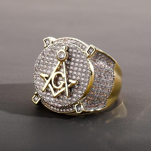 14K Gold over S925 Sterling Silver Densely Set Moissanite Ring, Freemasonry Hip-Hop Style Men's Ring, A Mystical Gift for Urban Enthusiasts, Best Gift From Son in Saudi Arabia