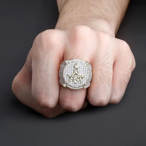 14K Gold over S925 Sterling Silver Densely Set Moissanite Ring, Freemasonry Hip-Hop Style Men's Ring, A Mystical Gift for Urban Enthusiasts, Best Gift From Son in Saudi Arabia
