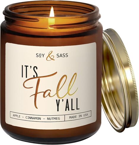 شموع الخريف - شمعة "It's Fall Yall" مع قرفة التفاح وجوزة الطيب، مملوءة بالزيوت العطرية، شموع معطرة بالخريف، هدايا ديكور لطيفة ومريحة، برطمان سعة 9 أونصة، حرق لمدة 50 ساعة، صنعت في الولايات المتحدة الأمريكية in Kuwait