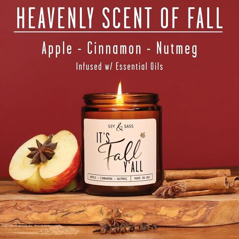 شموع الخريف - شمعة "It's Fall Yall" مع قرفة التفاح وجوزة الطيب، مملوءة بالزيوت العطرية، شموع معطرة بالخريف، هدايا ديكور لطيفة ومريحة، برطمان سعة 9 أونصة، حرق لمدة 50 ساعة، صنعت في الولايات المتحدة الأمريكية in Kuwait