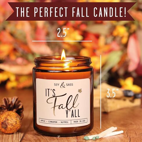 شموع الخريف - شمعة "It's Fall Yall" مع قرفة التفاح وجوزة الطيب، مملوءة بالزيوت العطرية، شموع معطرة بالخريف، هدايا ديكور لطيفة ومريحة، برطمان سعة 9 أونصة، حرق لمدة 50 ساعة، صنعت في الولايات المتحدة الأمريكية in Kuwait