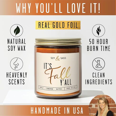 شموع الخريف - شمعة "It's Fall Yall" مع قرفة التفاح وجوزة الطيب، مملوءة بالزيوت العطرية، شموع معطرة بالخريف، هدايا ديكور لطيفة ومريحة، برطمان سعة 9 أونصة، حرق لمدة 50 ساعة، صنعت في الولايات المتحدة الأمريكية in Kuwait
