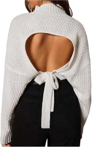 SweatyRocks Women's Tie Backless Dolman Long Sleeve Crop Sweater Mock Neck Loose Knitted Pullover Tops in Saudi Arabia