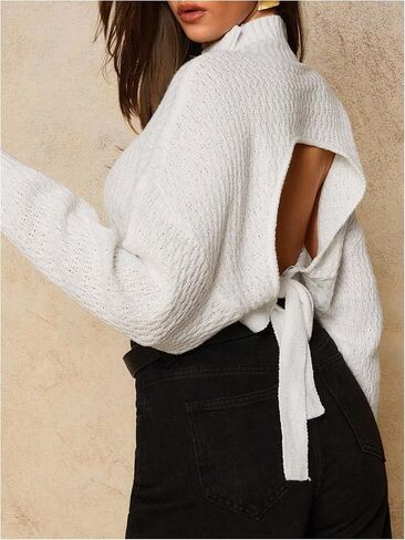 SweatyRocks Women's Tie Backless Dolman Long Sleeve Crop Sweater Mock Neck Loose Knitted Pullover Tops in Saudi Arabia