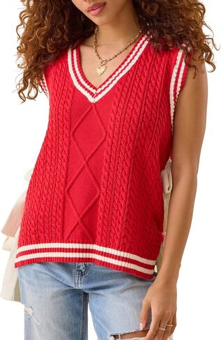 InterNos Women's Striped Cable Sweater Vest V Neck Sleeveless Casual Knit Pullover Top with Side Bow Ties in Kuwait