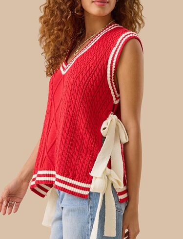 InterNos Women's Striped Cable Sweater Vest V Neck Sleeveless Casual Knit Pullover Top with Side Bow Ties in Kuwait