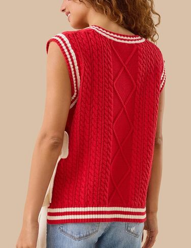 InterNos Women's Striped Cable Sweater Vest V Neck Sleeveless Casual Knit Pullover Top with Side Bow Ties in Kuwait