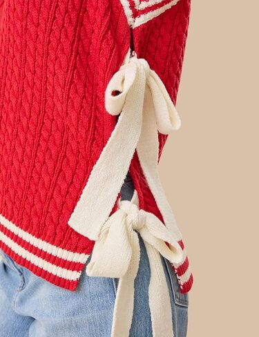 InterNos Women's Striped Cable Sweater Vest V Neck Sleeveless Casual Knit Pullover Top with Side Bow Ties in Kuwait