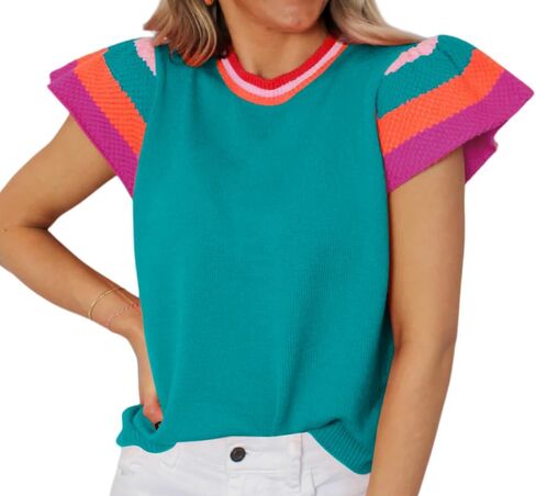 Women Trendy Ruffle Cap Sleeve Sweater Summer Lightweight Color Block Going Out Crew Neck Knit Sweater Tops in Kuwait