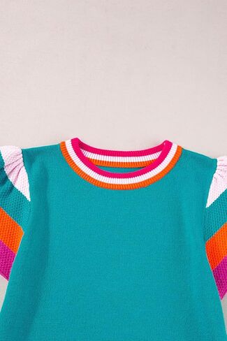 Women Trendy Ruffle Cap Sleeve Sweater Summer Lightweight Color Block Going Out Crew Neck Knit Sweater Tops in Kuwait