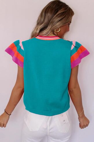 Women Trendy Ruffle Cap Sleeve Sweater Summer Lightweight Color Block Going Out Crew Neck Knit Sweater Tops in Kuwait