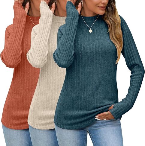 3 Pack Women's Sweater Long Sleeve Shirts Mock Turtleneck Tunic Tops Thumbhole Ribbed Curved Hem Loose Fall Clothes in Saudi Arabia