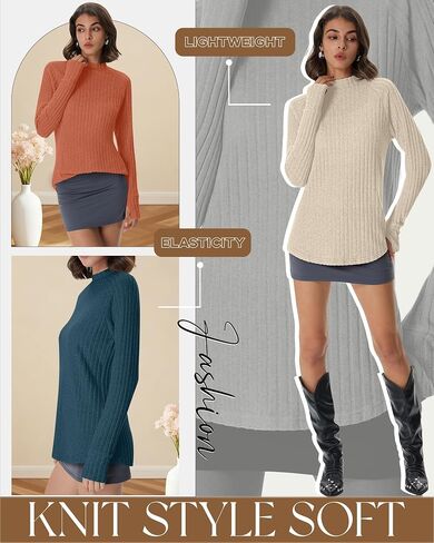 3 Pack Women's Sweater Long Sleeve Shirts Mock Turtleneck Tunic Tops Thumbhole Ribbed Curved Hem Loose Fall Clothes in Saudi Arabia