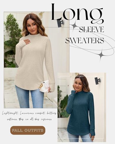 3 Pack Women's Sweater Long Sleeve Shirts Mock Turtleneck Tunic Tops Thumbhole Ribbed Curved Hem Loose Fall Clothes in Saudi Arabia